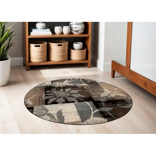 5' Beige Black And Brown Floral Distressed Round Rug Photo 1
