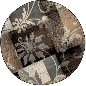 Photo of Beige And Gray Round Floral Power Loom Distressed Stain Resistant Area Rug