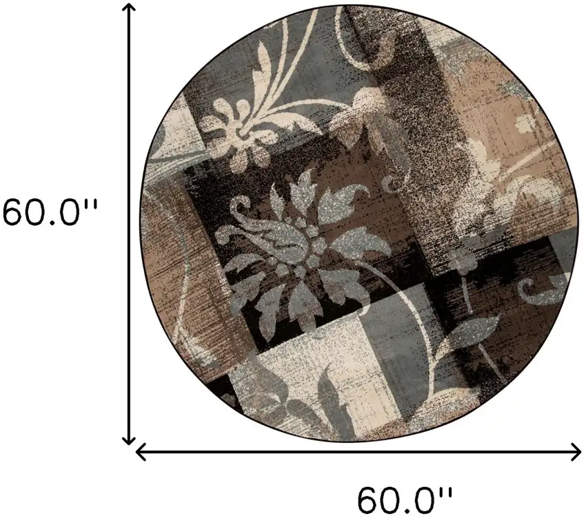 Beige And Gray Round Floral Power Loom Distressed Stain Resistant Area Rug Photo 8