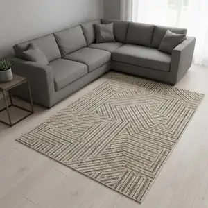Photo of Beige And Gray Striped Area Rug With Fringe