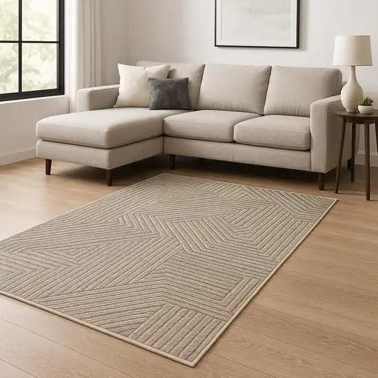 Beige And Gray Striped Area Rug With Fringe Photo 2