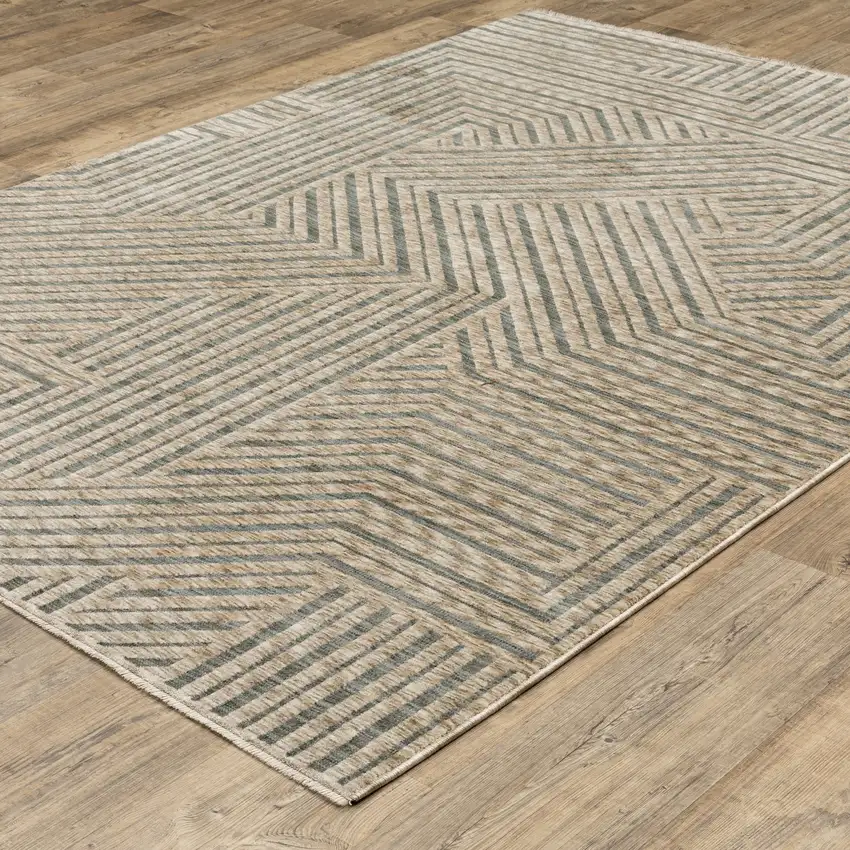 Beige And Gray Striped Area Rug With Fringe Photo 8