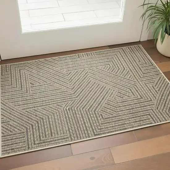 Beige And Gray Striped Area Rug With Fringe Photo 1