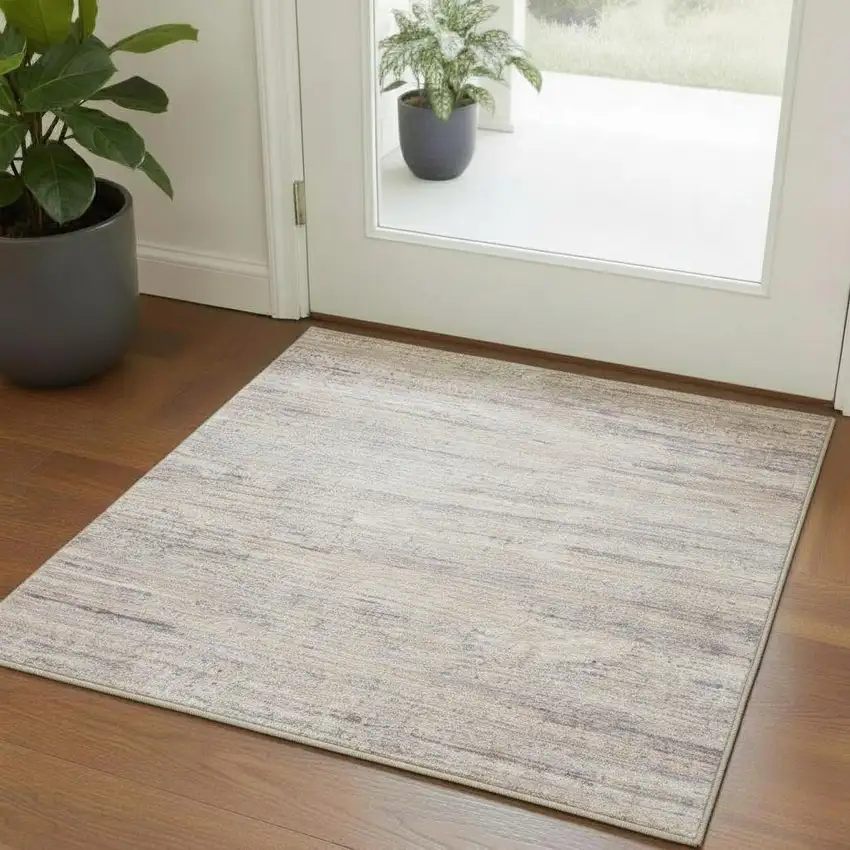 Beige And Gray Striped Square Rug Photo 1