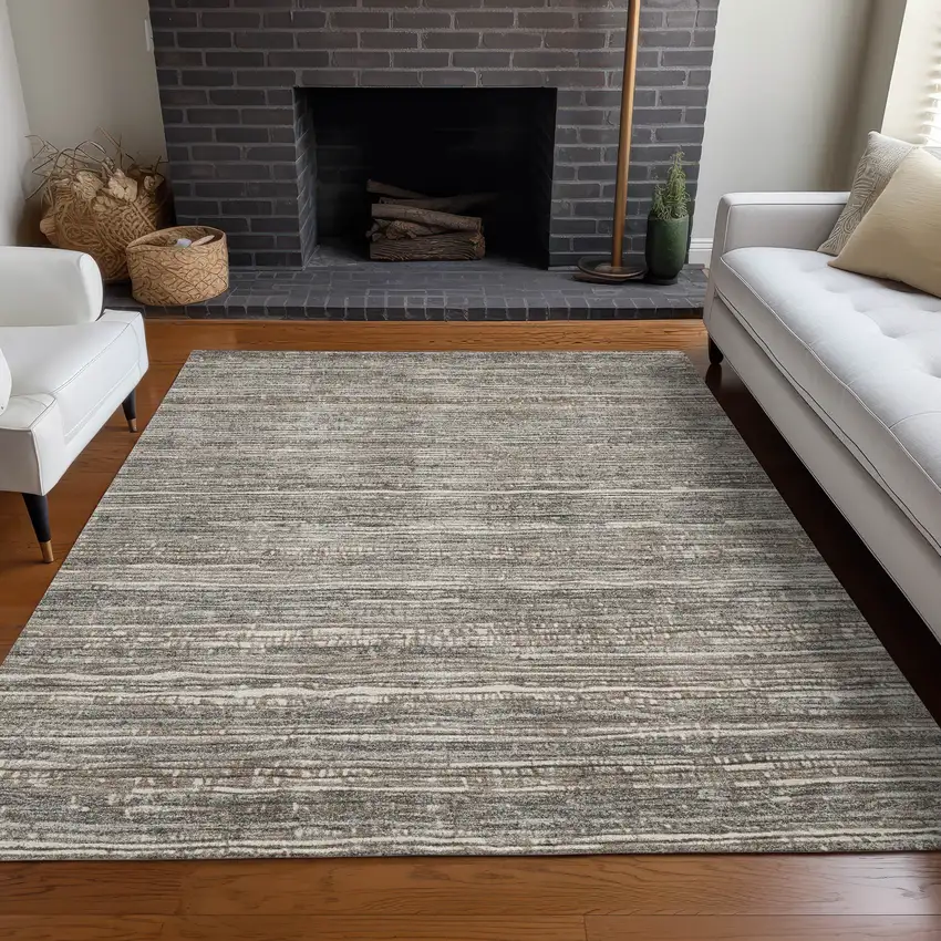 Beige And Gray Striped Washable Indoor Outdoor Area Rug Photo 7