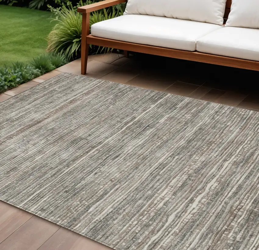 Beige And Gray Striped Washable Indoor Outdoor Area Rug Photo 2