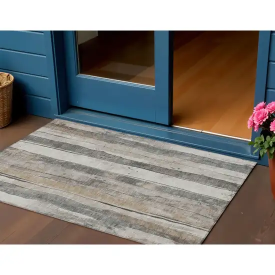 Beige And Gray Striped Washable Indoor Outdoor Area Rug Photo 2