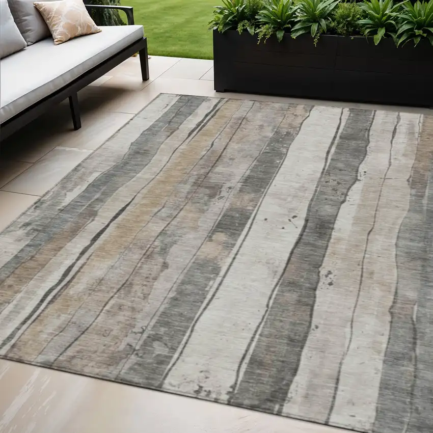 Beige And Gray Striped Washable Indoor Outdoor Area Rug Photo 2