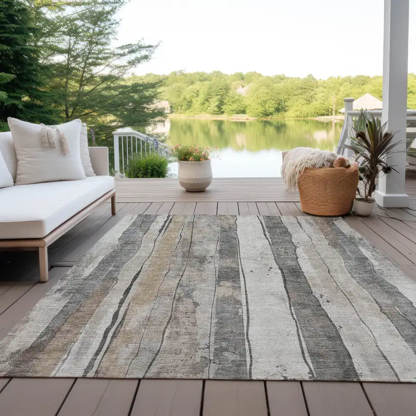 Beige And Gray Striped Washable Indoor Outdoor Area Rug Photo 4