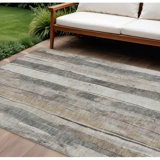 Beige And Gray Striped Washable Indoor Outdoor Area Rug Photo 2
