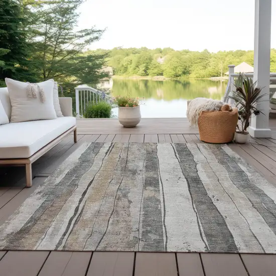 Beige And Gray Striped Washable Indoor Outdoor Area Rug Photo 5