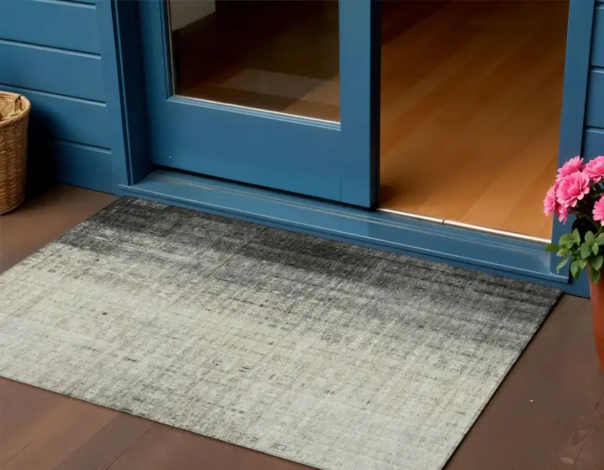 Beige And Gray Striped Washable Indoor Outdoor Area Rug Photo 1