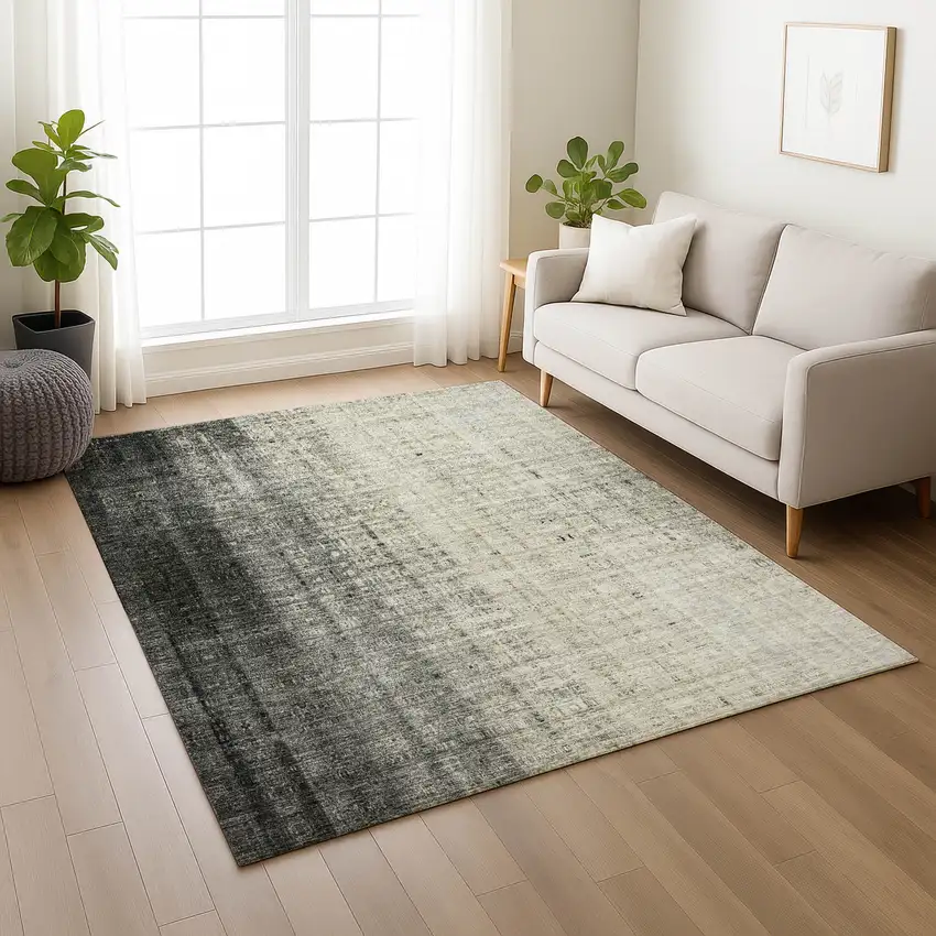 Beige And Gray Striped Washable Indoor Outdoor Area Rug Photo 6