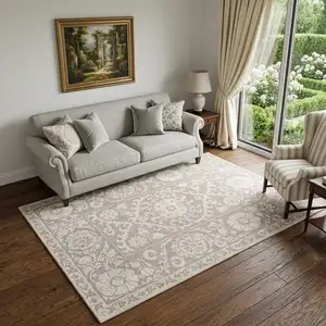 Photo of Beige And Gray Tribal Washable Area Rug With UV Protection