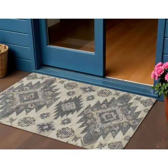 Beige And Gray Tribal Washable Indoor Outdoor Area Rug Photo 2