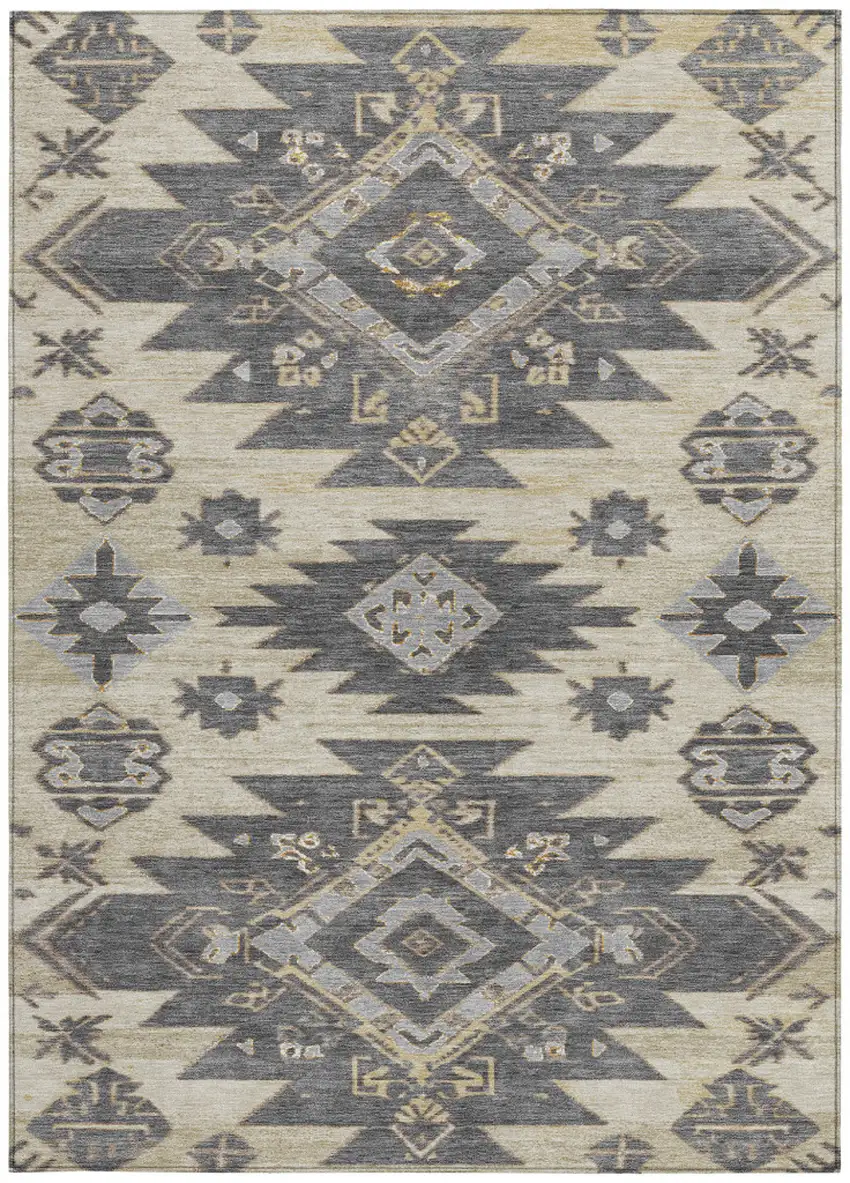 Beige And Gray Tribal Washable Indoor Outdoor Area Rug Photo 4