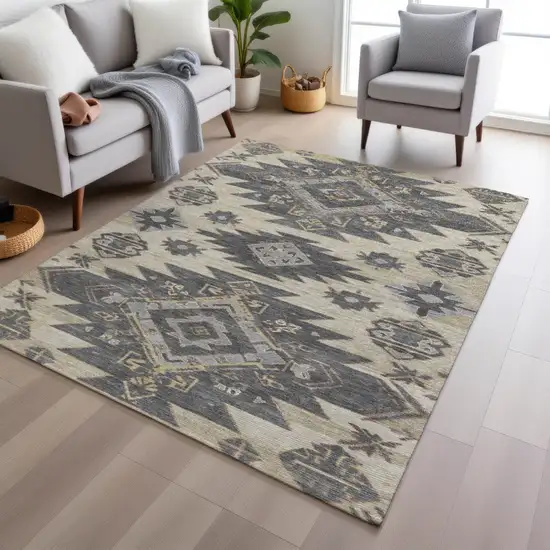 Beige And Gray Tribal Washable Indoor Outdoor Area Rug Photo 6