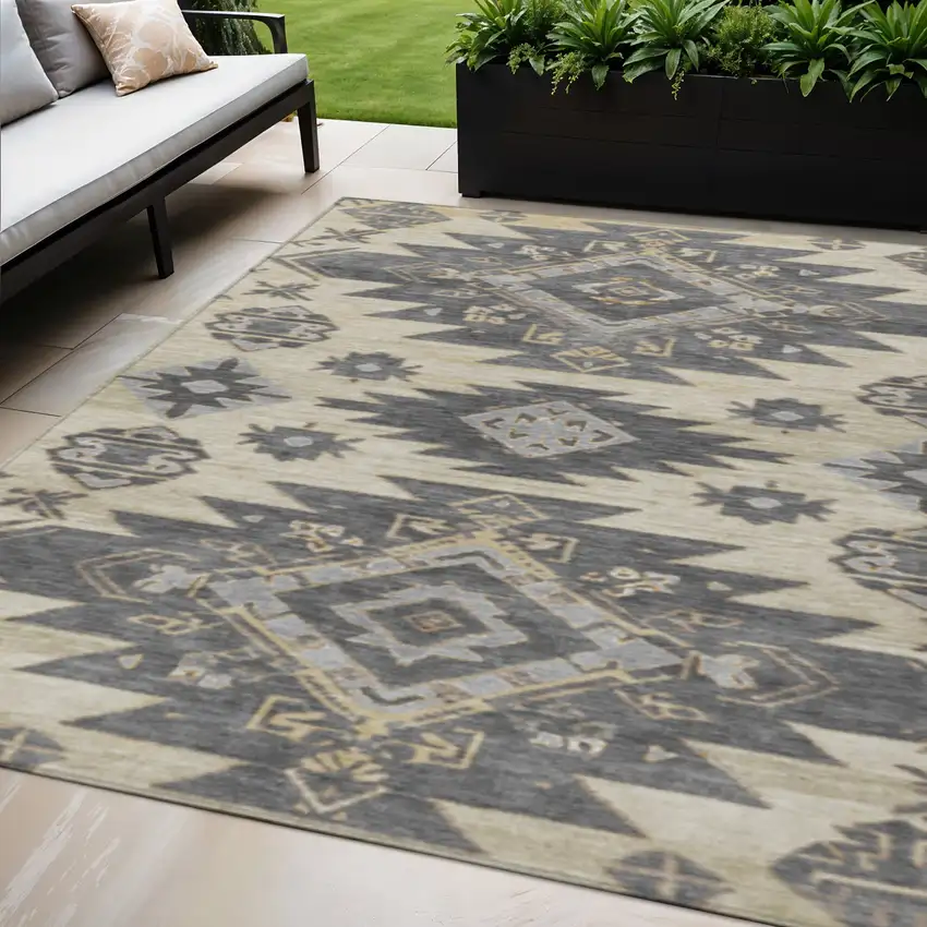 Beige And Gray Tribal Washable Indoor Outdoor Area Rug Photo 2