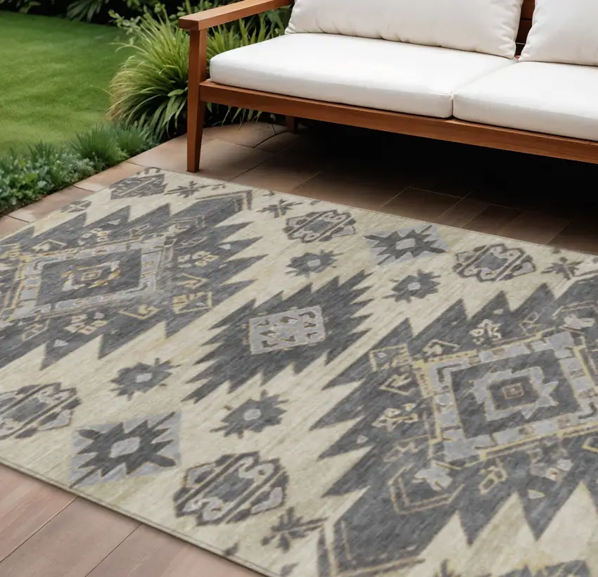 Beige And Gray Tribal Washable Indoor Outdoor Area Rug Photo 2