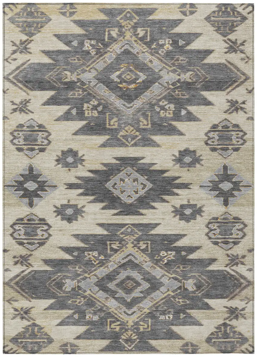 Beige And Gray Tribal Washable Indoor Outdoor Area Rug Photo 1