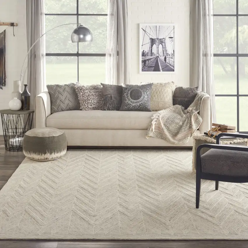 Beige And Gray Wool Chevron Area Rug Photo 6