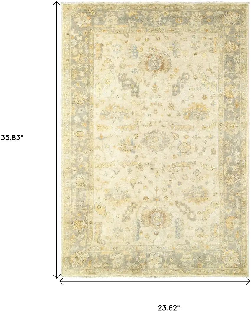Beige And Gray Wool Oriental Hand Knotted Area Rug Photo 6