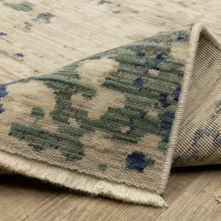 Beige And Green Abstract Area Rug With Fringe Photo 9