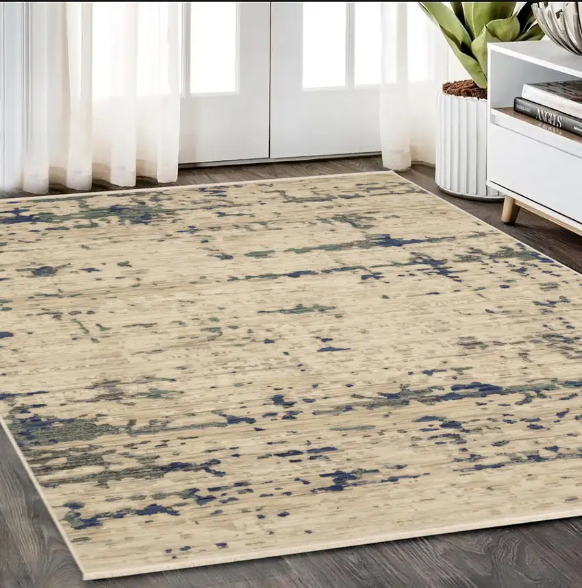 Beige And Green Abstract Area Rug With Fringe Photo 1