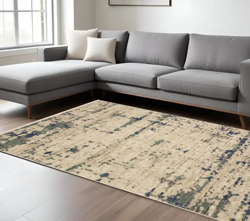 Beige And Green Abstract Area Rug With Fringe Photo 1