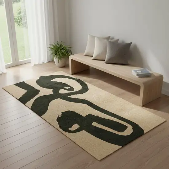 Beige And Green Abstract Washable Area Rug With UV Protection Photo 1