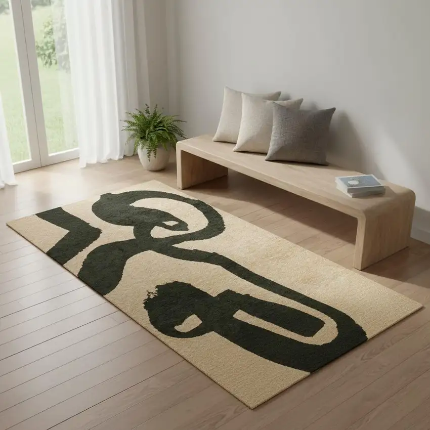 Beige And Green Abstract Washable Area Rug With UV Protection Photo 1