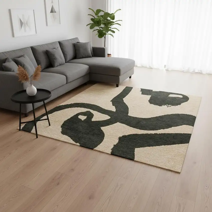 Beige And Green Abstract Washable Area Rug With UV Protection Photo 1