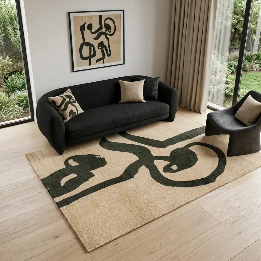 Beige And Green Abstract Washable Area Rug With UV Protection Photo 1