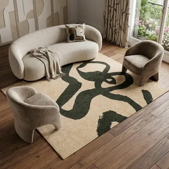 Beige And Green Abstract Washable Area Rug With UV Protection Photo 1