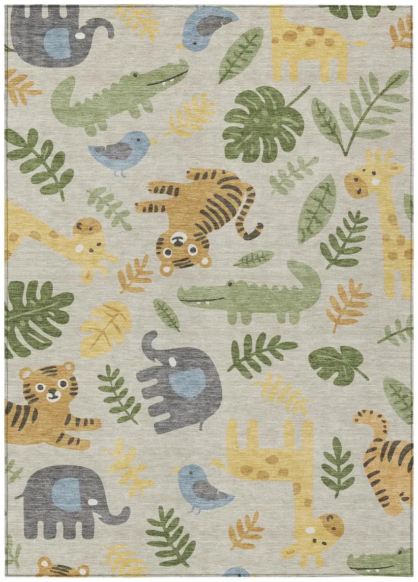 Beige And Green Abstract Washable Indoor Outdoor Area Rug Photo 1