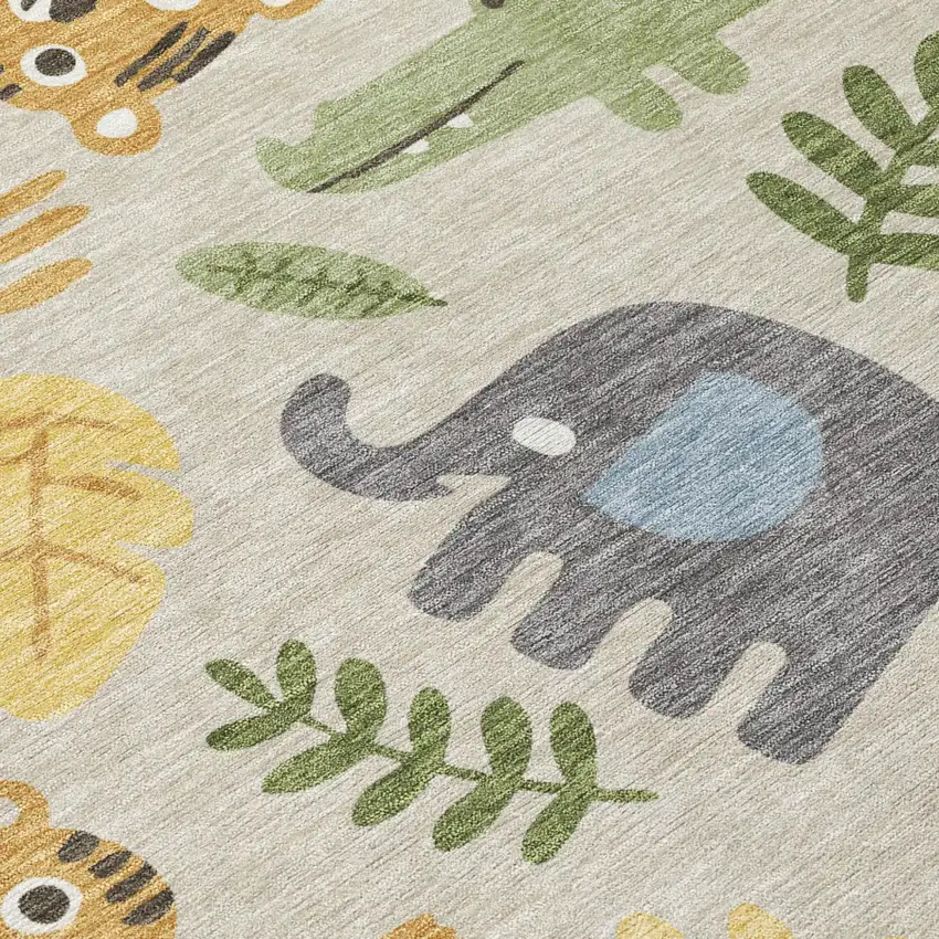 Beige And Green Abstract Washable Indoor Outdoor Area Rug Photo 5