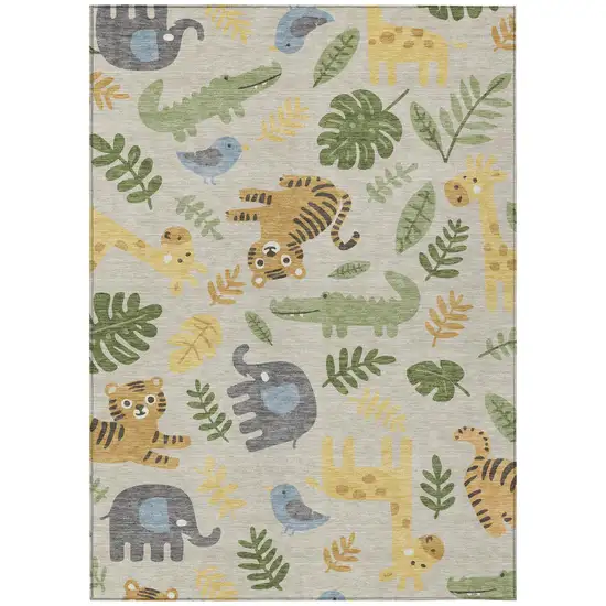 Beige And Green Abstract Washable Indoor Outdoor Area Rug Photo 1