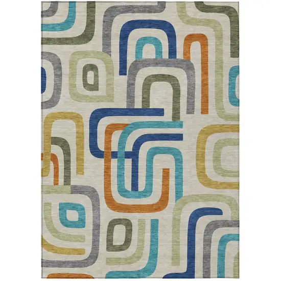Beige And Green Geometric Washable Indoor Outdoor Area Rug Photo 2