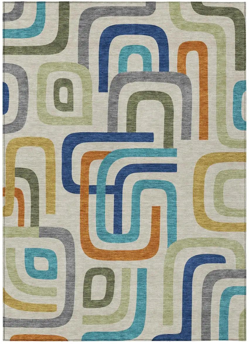 Beige And Green Geometric Washable Indoor Outdoor Area Rug Photo 2