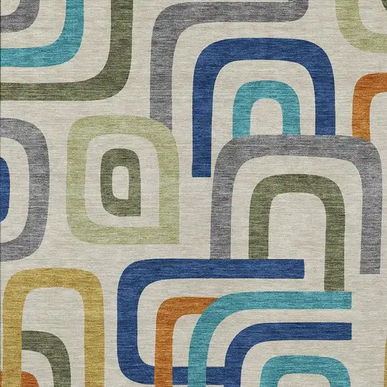 Beige And Green Geometric Washable Indoor Outdoor Area Rug Photo 3
