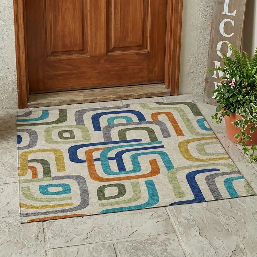 Beige And Green Geometric Washable Indoor Outdoor Area Rug Photo 1