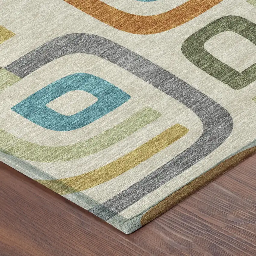 Beige And Green Geometric Washable Indoor Outdoor Area Rug Photo 5