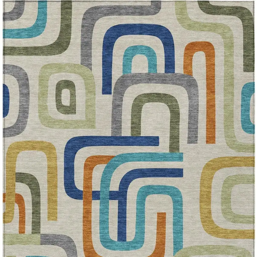 Beige And Green Geometric Washable Indoor Outdoor Area Rug Photo 4