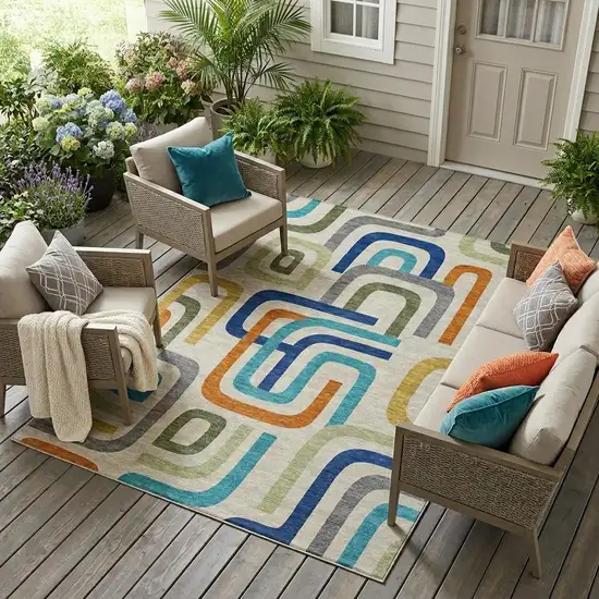 Beige And Green Geometric Washable Indoor Outdoor Area Rug Photo 1