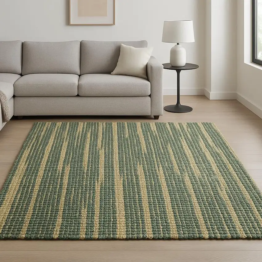 Beige And Green Jute Abstract Hand Woven Area Rug Photo 1