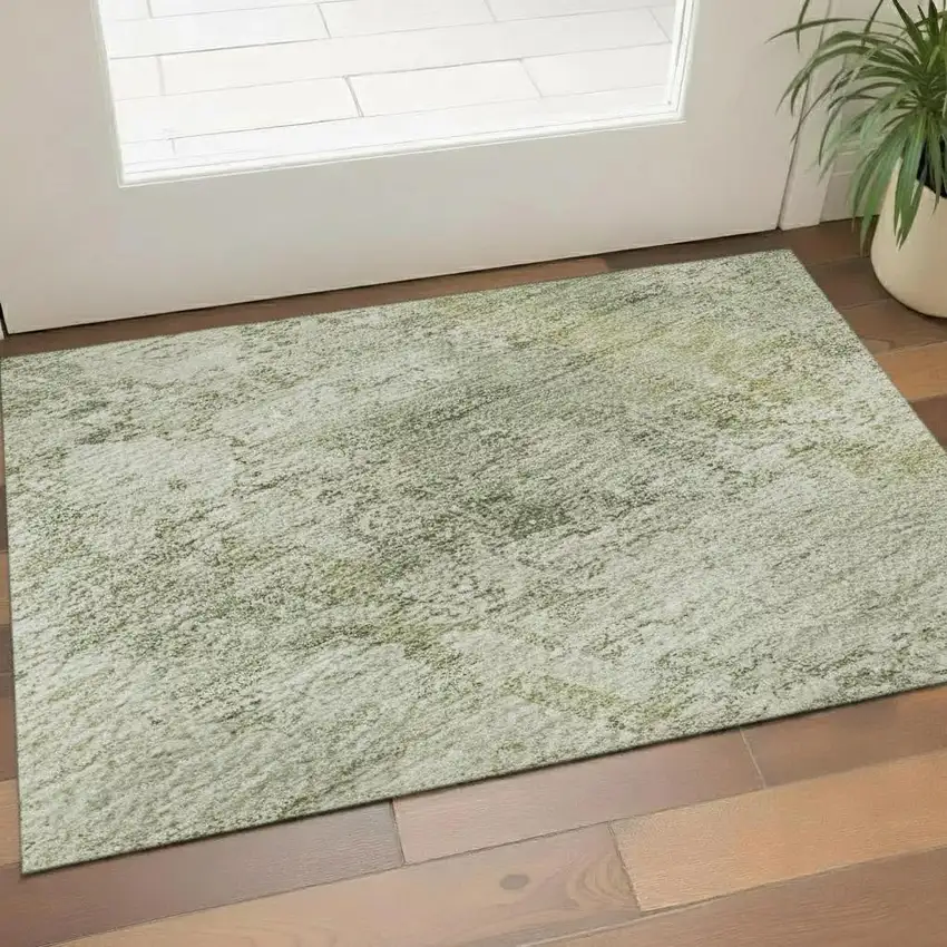 Beige And Green Oriental Washable Area Rug With UV Protection Photo 2