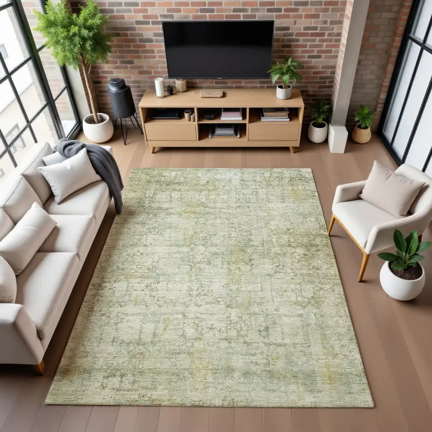 Beige And Green Oriental Washable Area Rug With UV Protection Photo 5