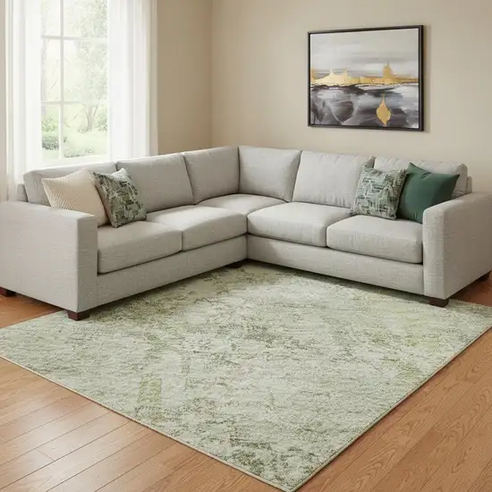 Beige And Green Oriental Washable Area Rug With UV Protection Photo 2