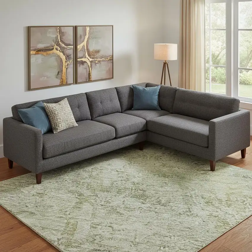 Beige And Green Oriental Washable Area Rug With UV Protection Photo 2