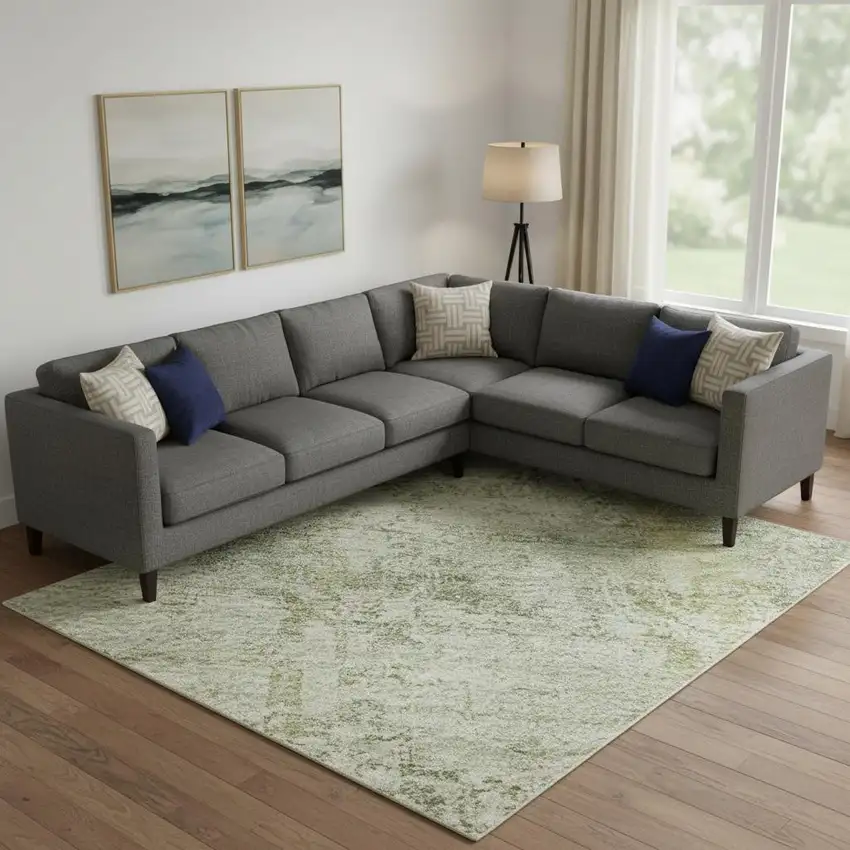 Beige And Green Oriental Washable Area Rug With UV Protection Photo 2